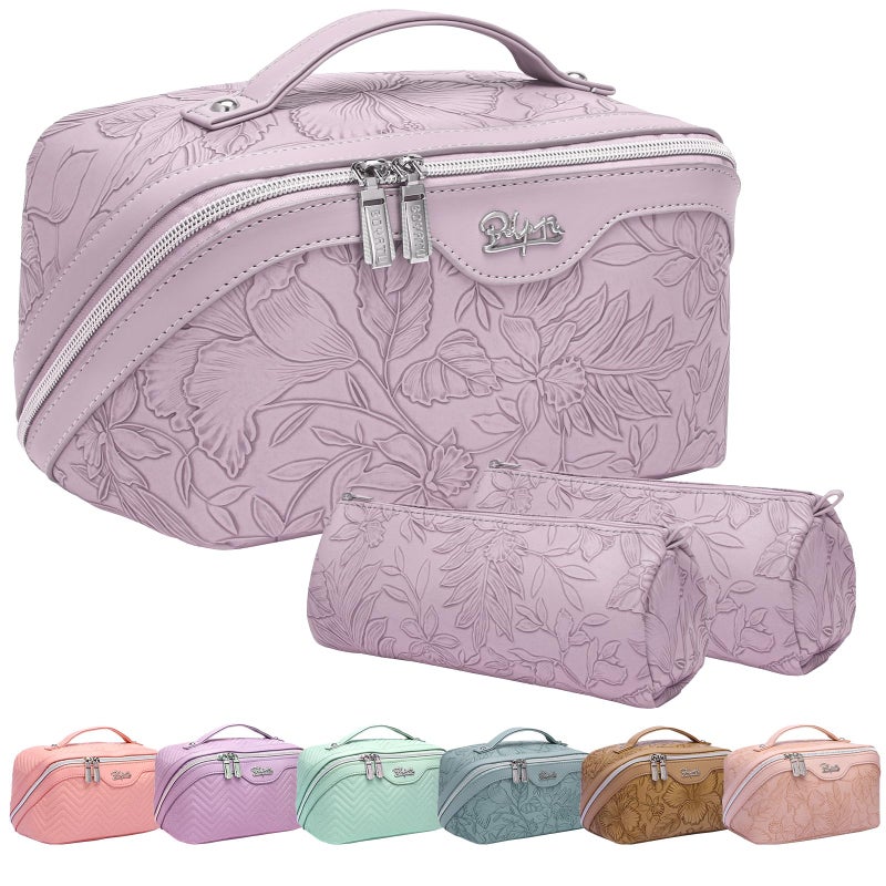 BOYATU Travel Makeup Bags Cosmetic Organizer Bag 3Set Large Capacity Make up Bag  PU Leather Toiletry Bags for Women  Wide Open Portable Pouch with Divider  Handle 01ZLight Purple
